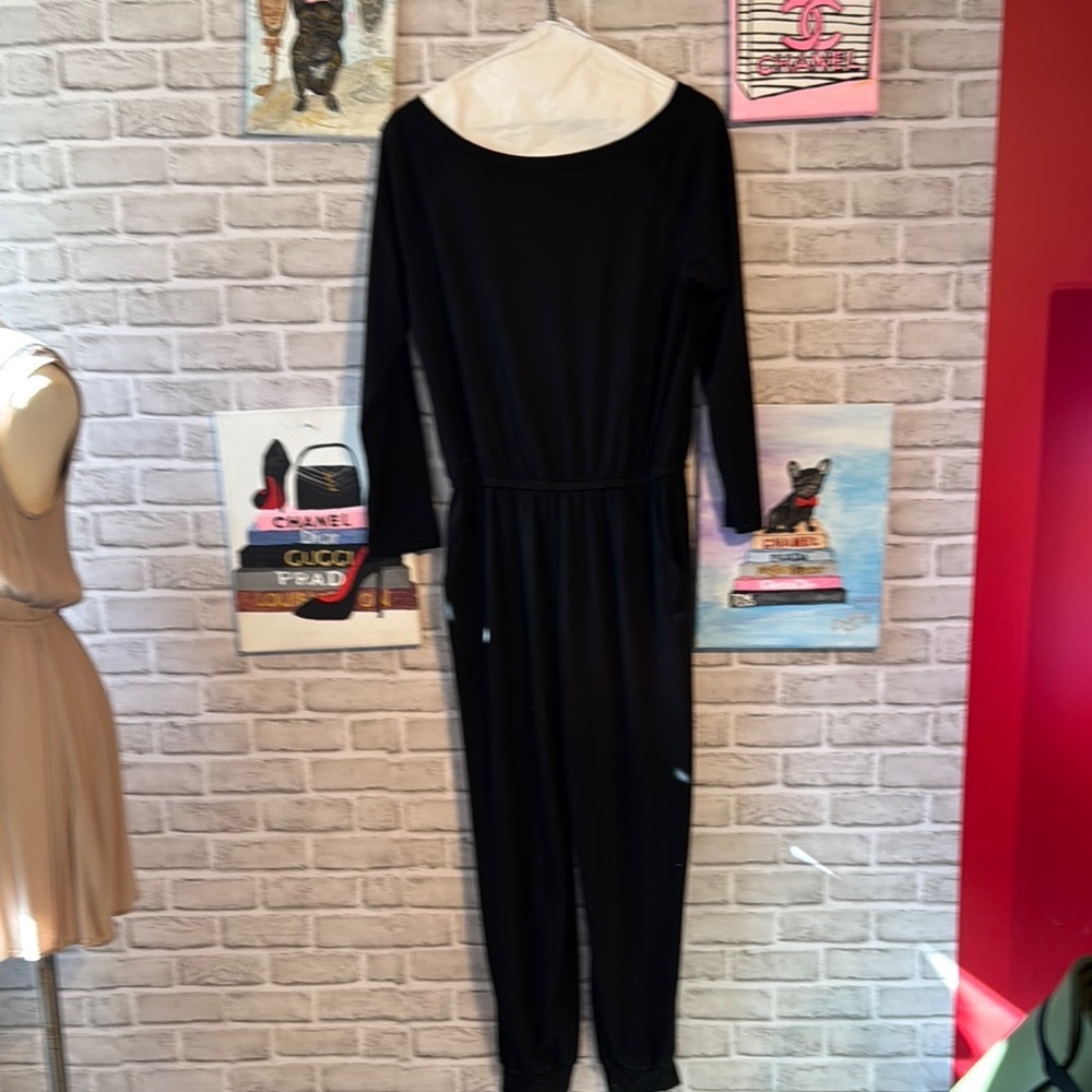 Black Long Sleeve Bateau Neck Jumpsuit for Night Out or Office XL